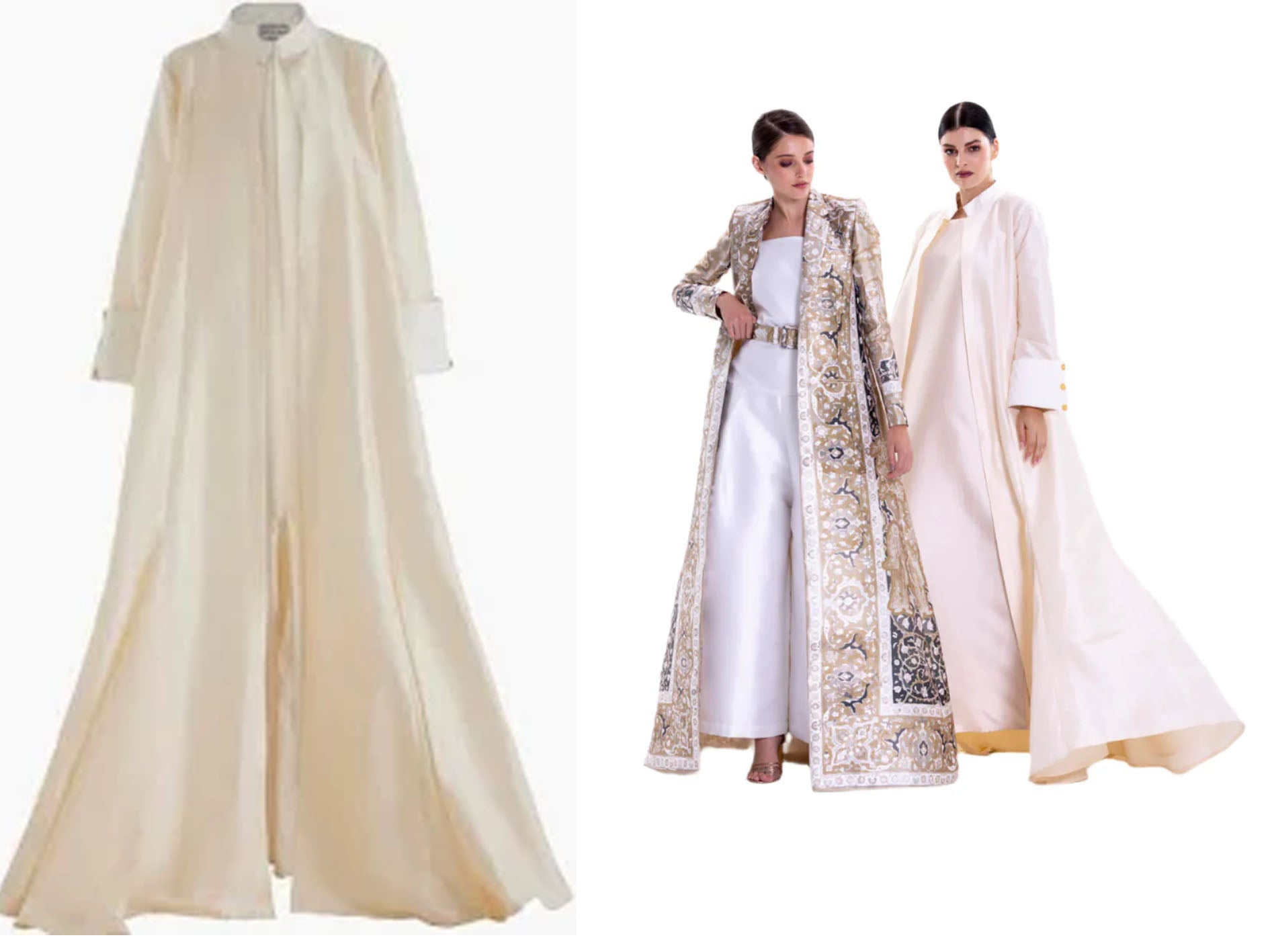 Two long, elegant dresses displayed with a model wearing one on a white background.