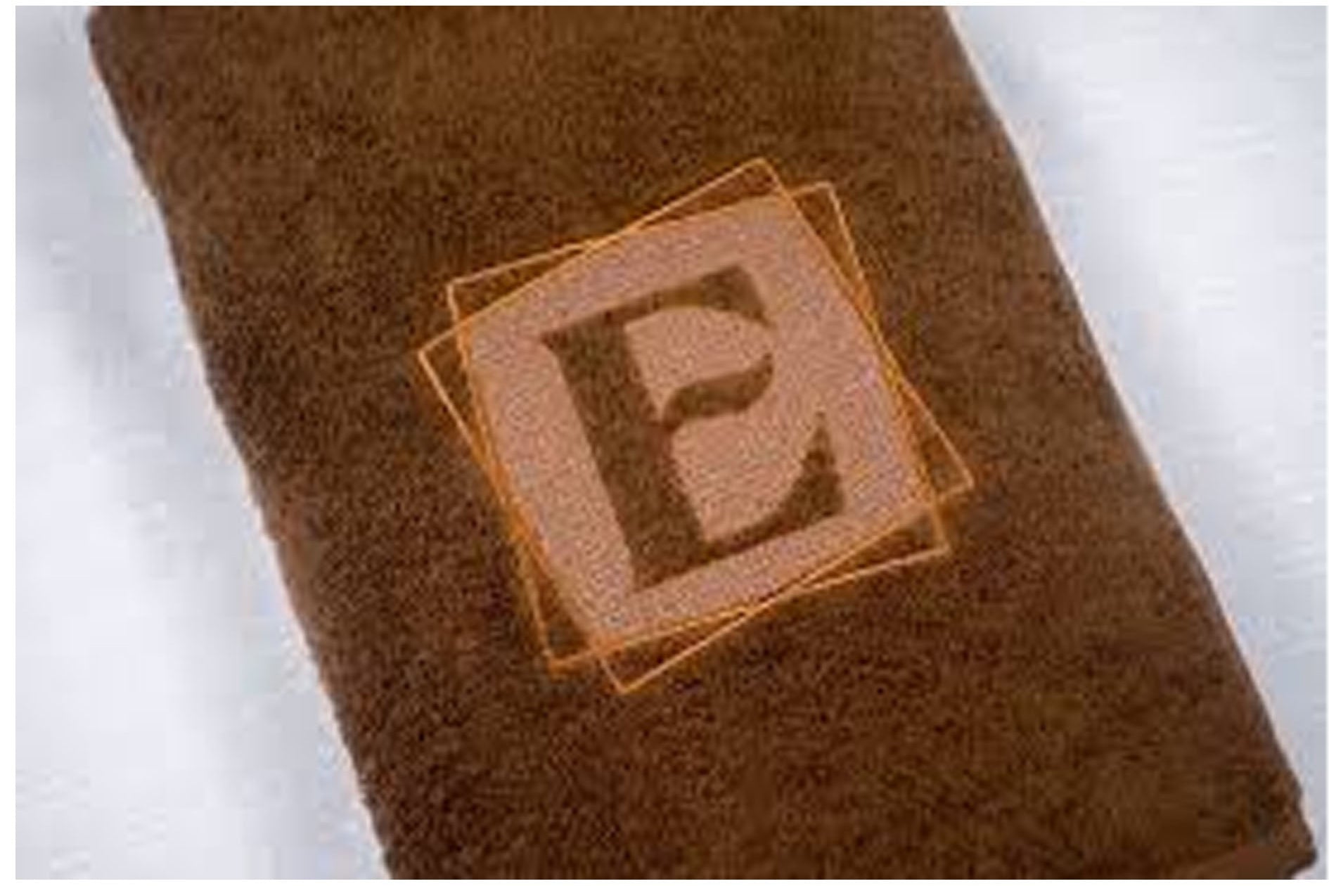 Embroidered Brown Towel with E letter on a blue background