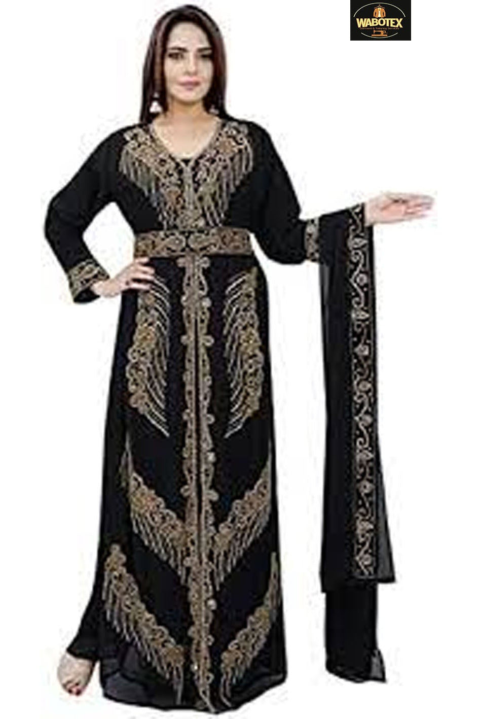 Woman wearing a black and gold embroidered dress with a matching scarf on a white background.