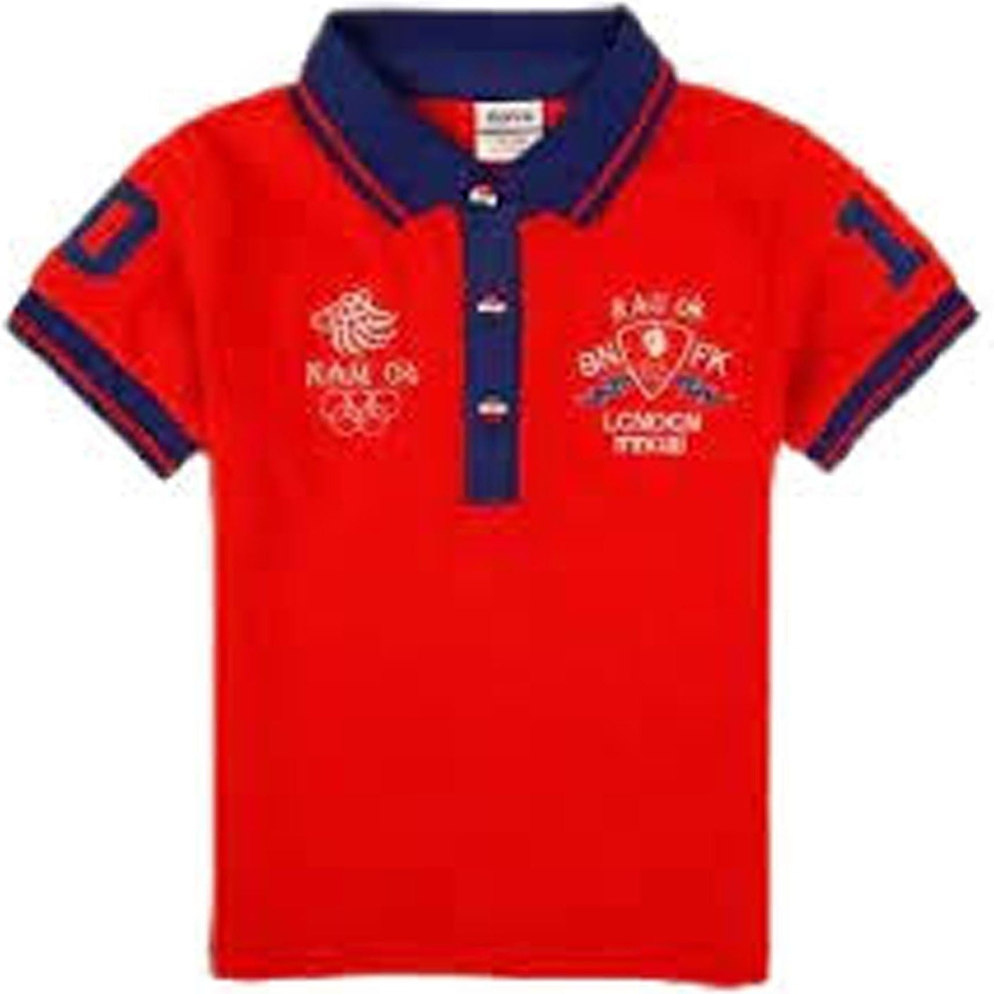 Red and blue polo tshirt with chest embroidered logo