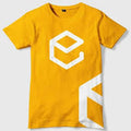 Yellow t-shirt with a white logo on a light gray background