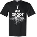 Black t-shirt with 'I AM GROOT' text and tree graphic on a white background