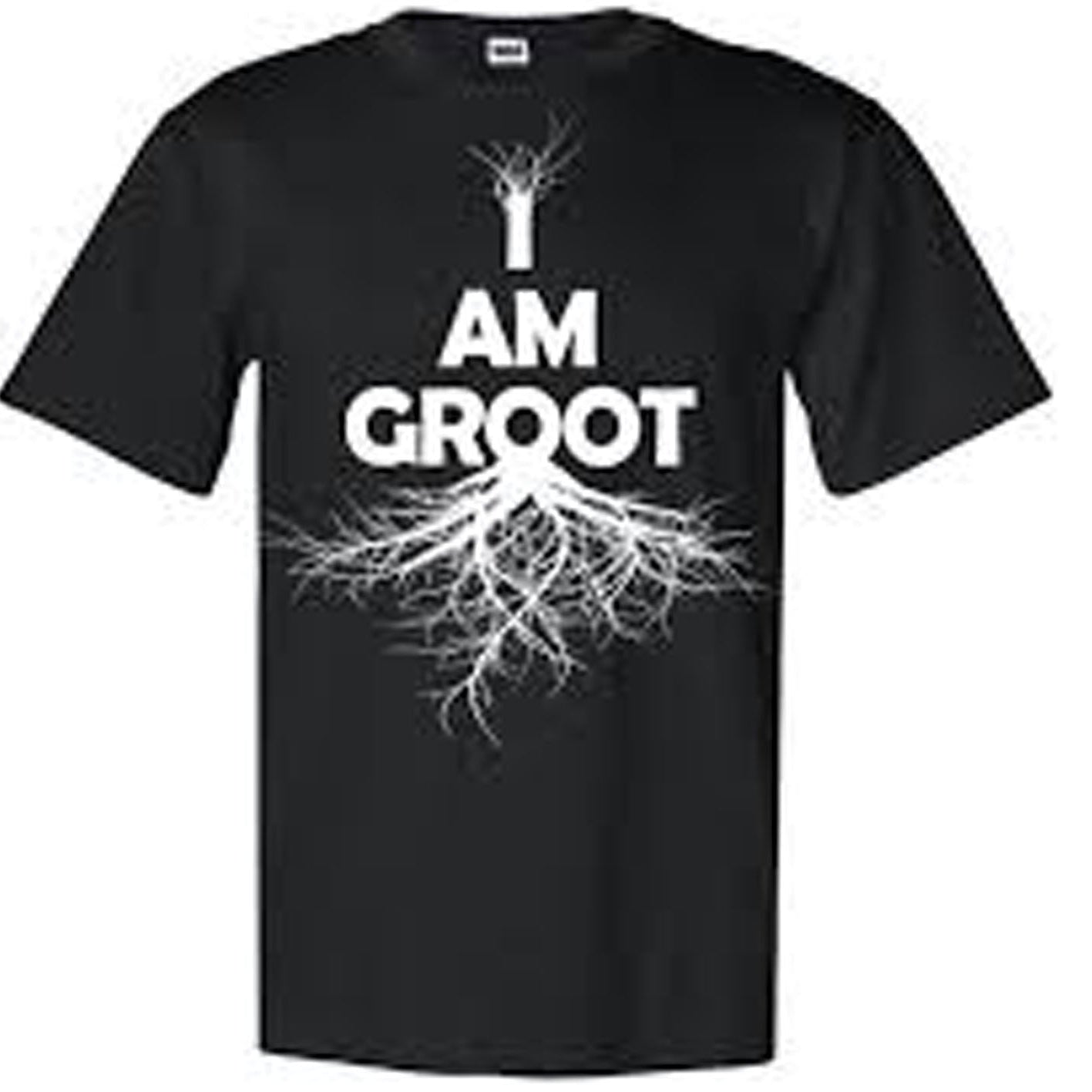 Black t-shirt with 'I AM GROOT' text and tree graphic on a white background