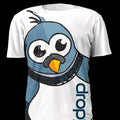 White t-shirt with a cartoon penguin design and 'drop' text on a white background