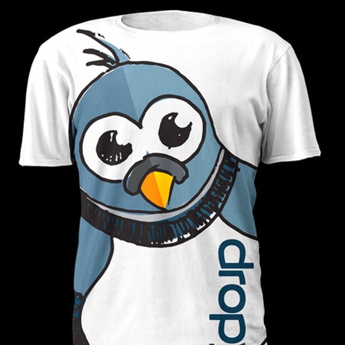 White t-shirt with a cartoon penguin design and 'drop' text on a white background