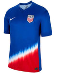 Blue soccer jersey with red and white gradient, featuring a logo on a white background
