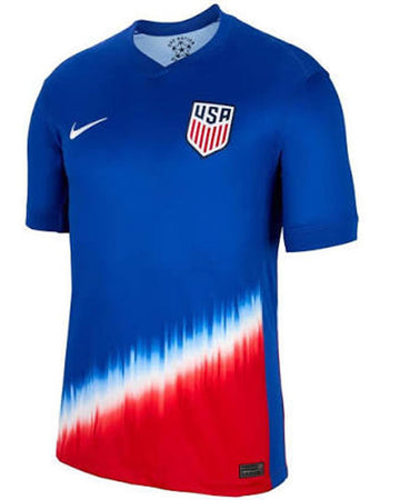 Blue soccer jersey with red and white gradient, featuring a logo on a white background