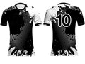 Black and white sports jerseys with a number 10 design on a white background