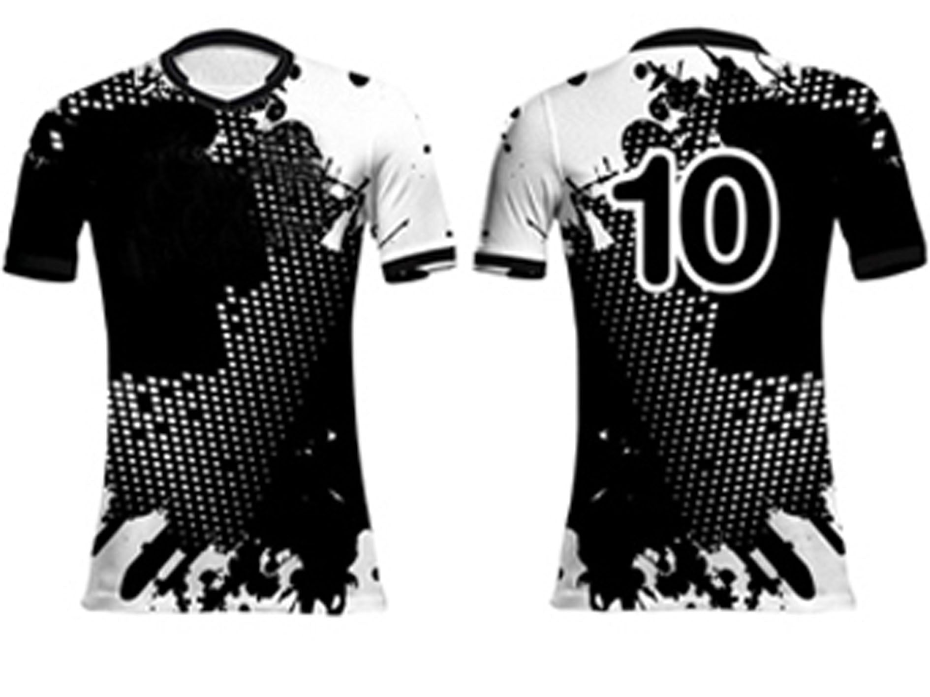 Black and white sports jerseys with a number 10 design on a white background