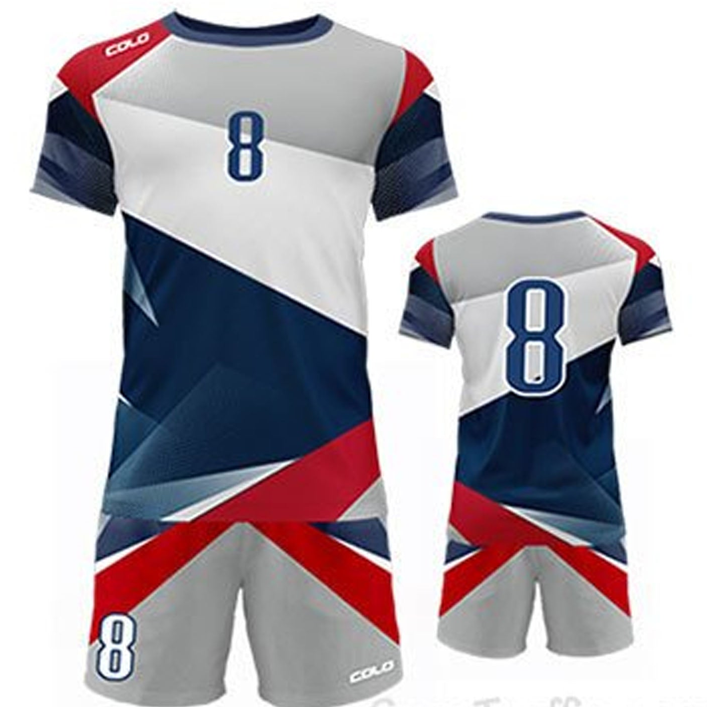 Sports jersey and shorts set with number 8 on a white background