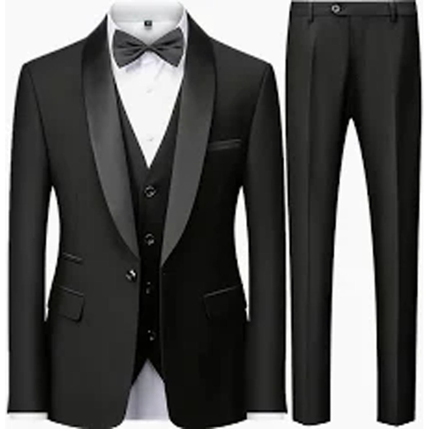 Black tuxedo with vest and bow tie on a white background