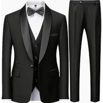 Black tuxedo with vest and bow tie on a white background