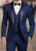 Blue suit with black lapels and bow tie on a blurred background