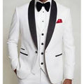 White tuxedo with black lapels and bow tie on a plain background