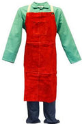Person wearing a red apron over a green shirt on a white background