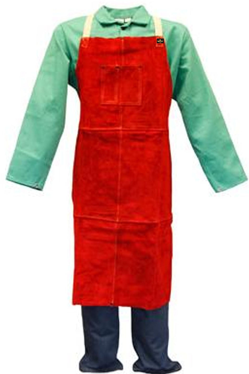 Person wearing a red apron over a green shirt on a white background
