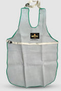 Gray apron with green trim and a visible brand logo on a light gray background