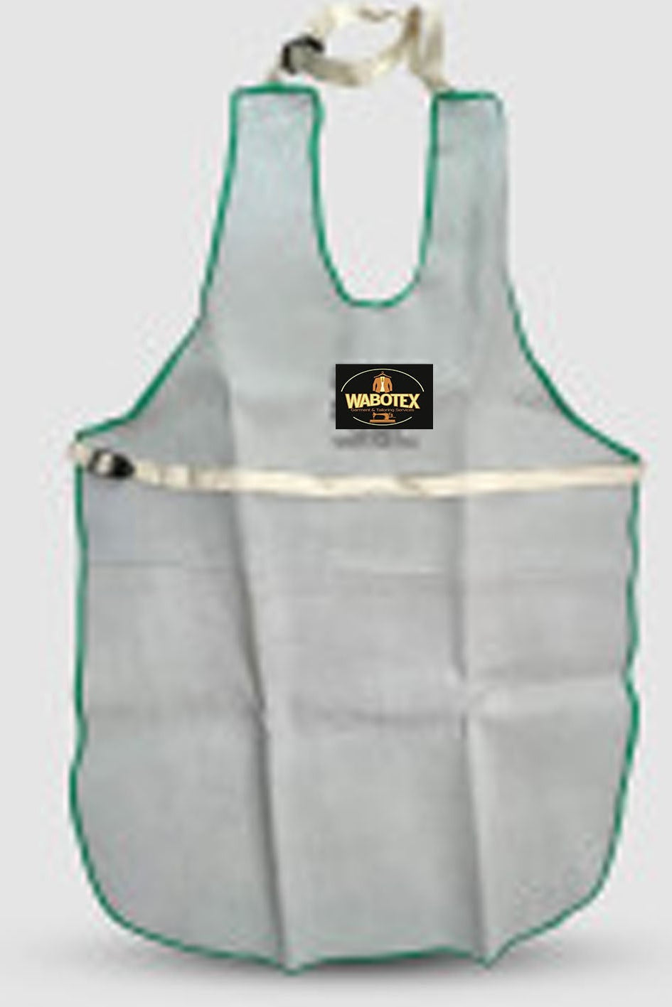 Gray apron with green trim and a visible brand logo on a light gray background