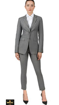Woman wearing a gray suit on a white background