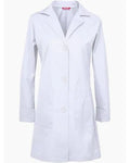 A white long-sleeve lab coat with a notched collar, three front buttons, and two front patch pockets, shown against a plain white background.