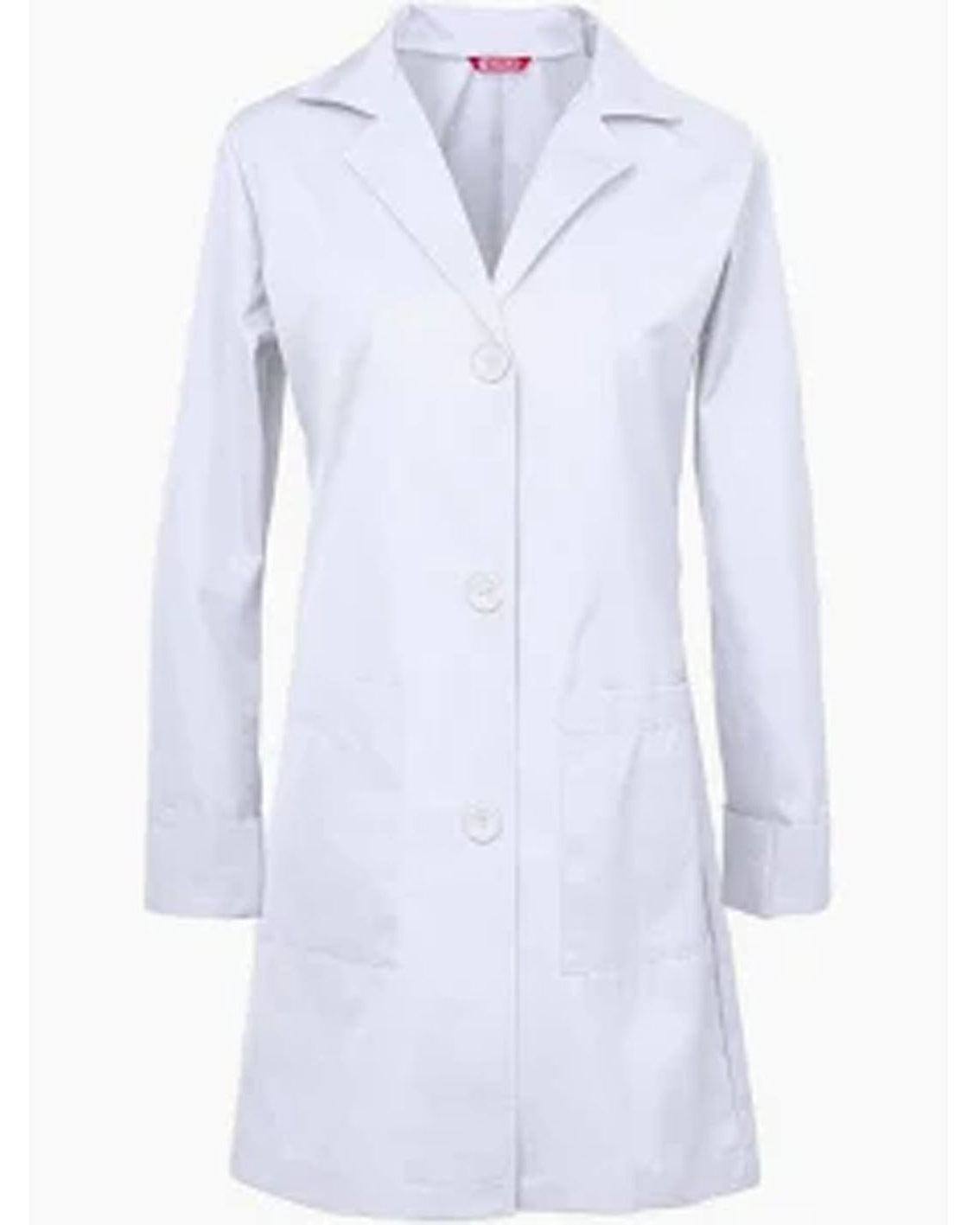 A white long-sleeve lab coat with a notched collar, three front buttons, and two front patch pockets, shown against a plain white background.