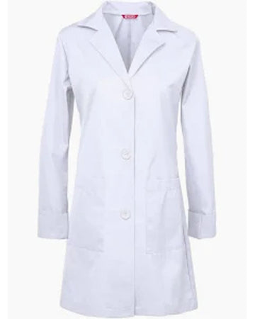 A white long-sleeve lab coat with a notched collar, three front buttons, and two front patch pockets, shown against a plain white background.