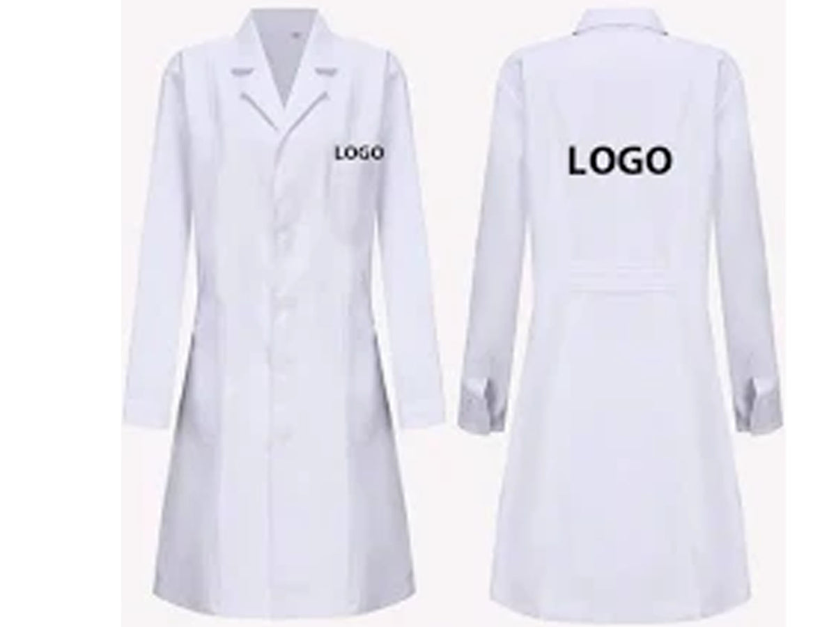 Front and back view of a white female labcoat