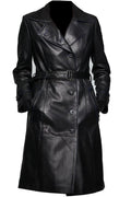 Black leather trench coat with a belt on a white background