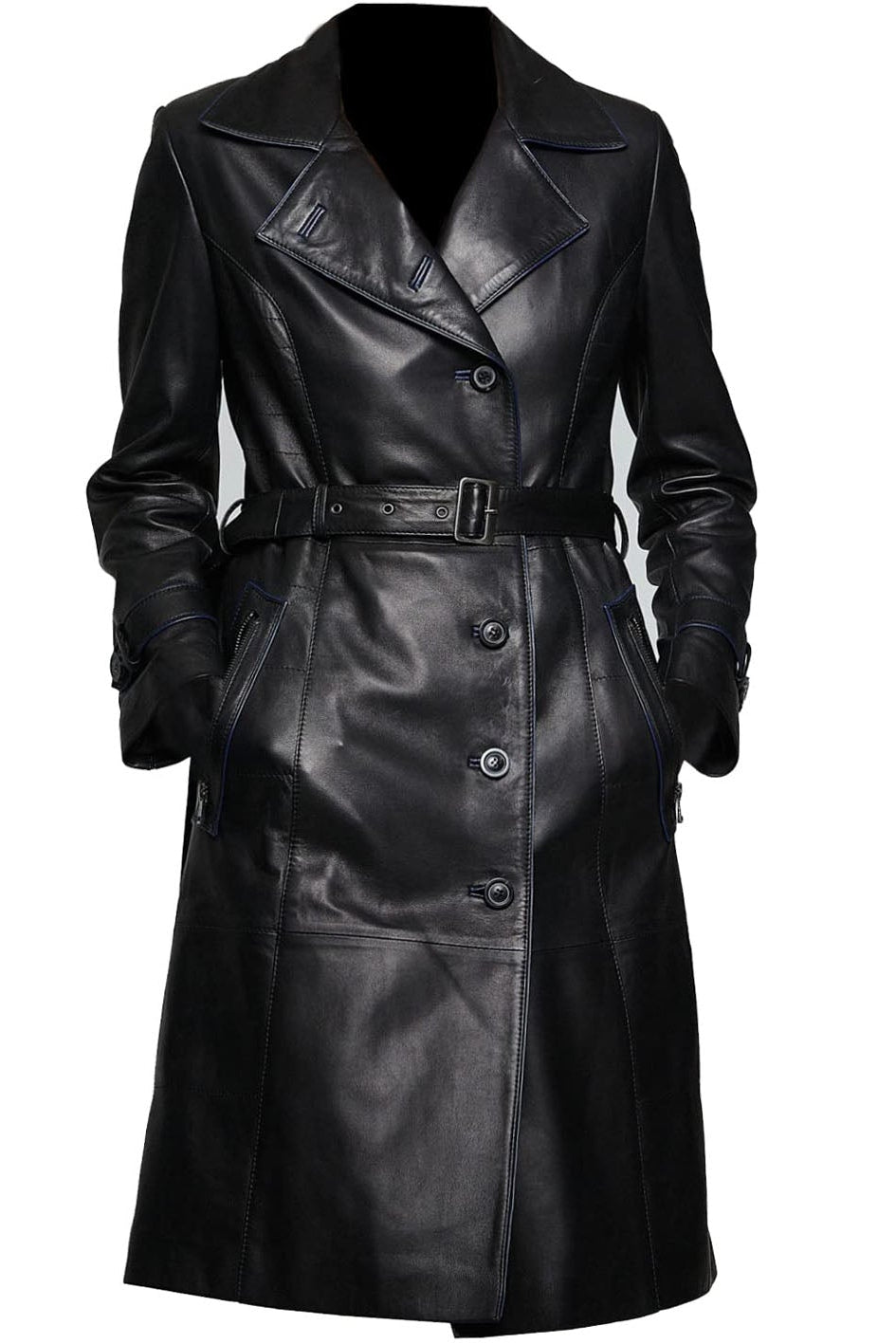 Black leather trench coat with a belt on a white background