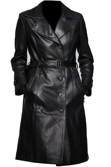 Black leather trench coat with a belt on a white background