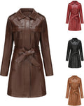 Brown leather trench coat with additional coats in red, black, and brown on a white background