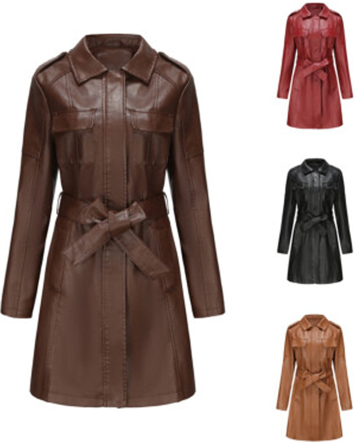 Brown leather trench coat with additional coats in red, black, and brown on a white background