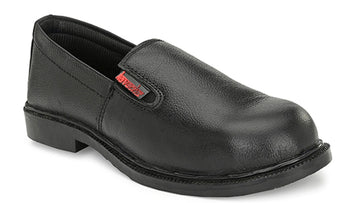 Black slip-on shoe with a brand logo on a white background