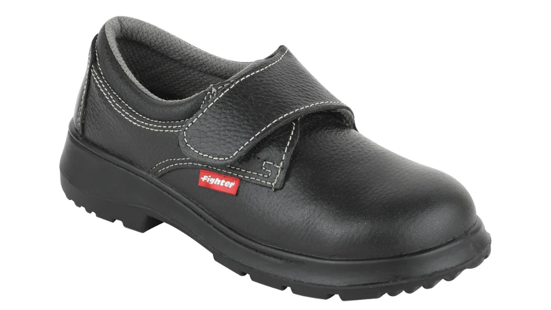Black safety shoe with a visible brand logo on a white background