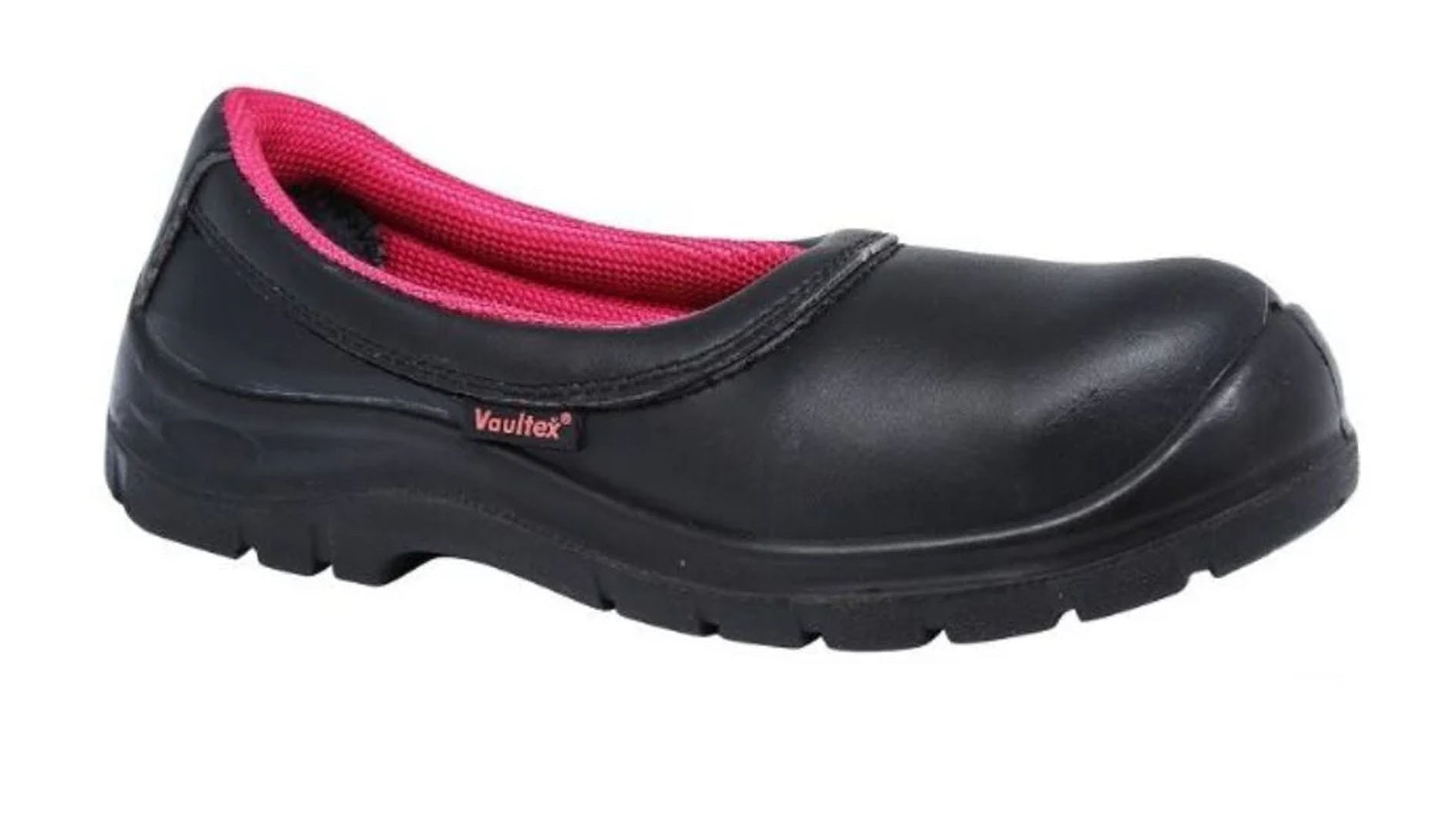 Black safety shoe with pink lining on a white background