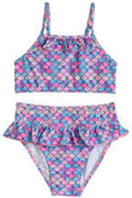 A two-piece girls' swimsuit with a pink and blue mermaid scale pattern, featuring a ruffled halter top and matching ruffled bikini bottom, shown on a plain white background.