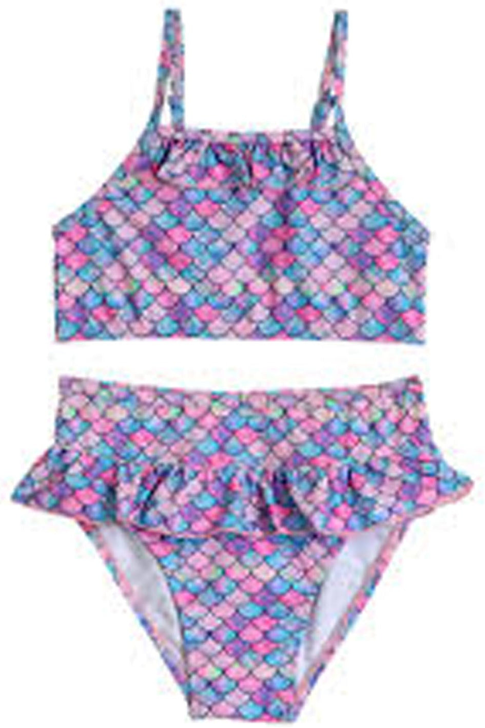 A two-piece girls' swimsuit with a pink and blue mermaid scale pattern, featuring a ruffled halter top and matching ruffled bikini bottom, shown on a plain white background.