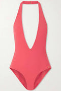 A coral pink halter-neck one-piece swimsuit with a deep plunging V-cut neckline, shown flat against a light gray background.