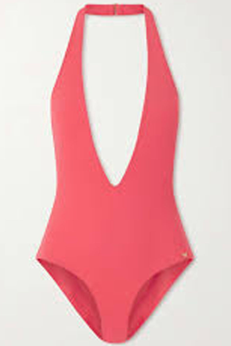 A coral pink halter-neck one-piece swimsuit with a deep plunging V-cut neckline, shown flat against a light gray background.