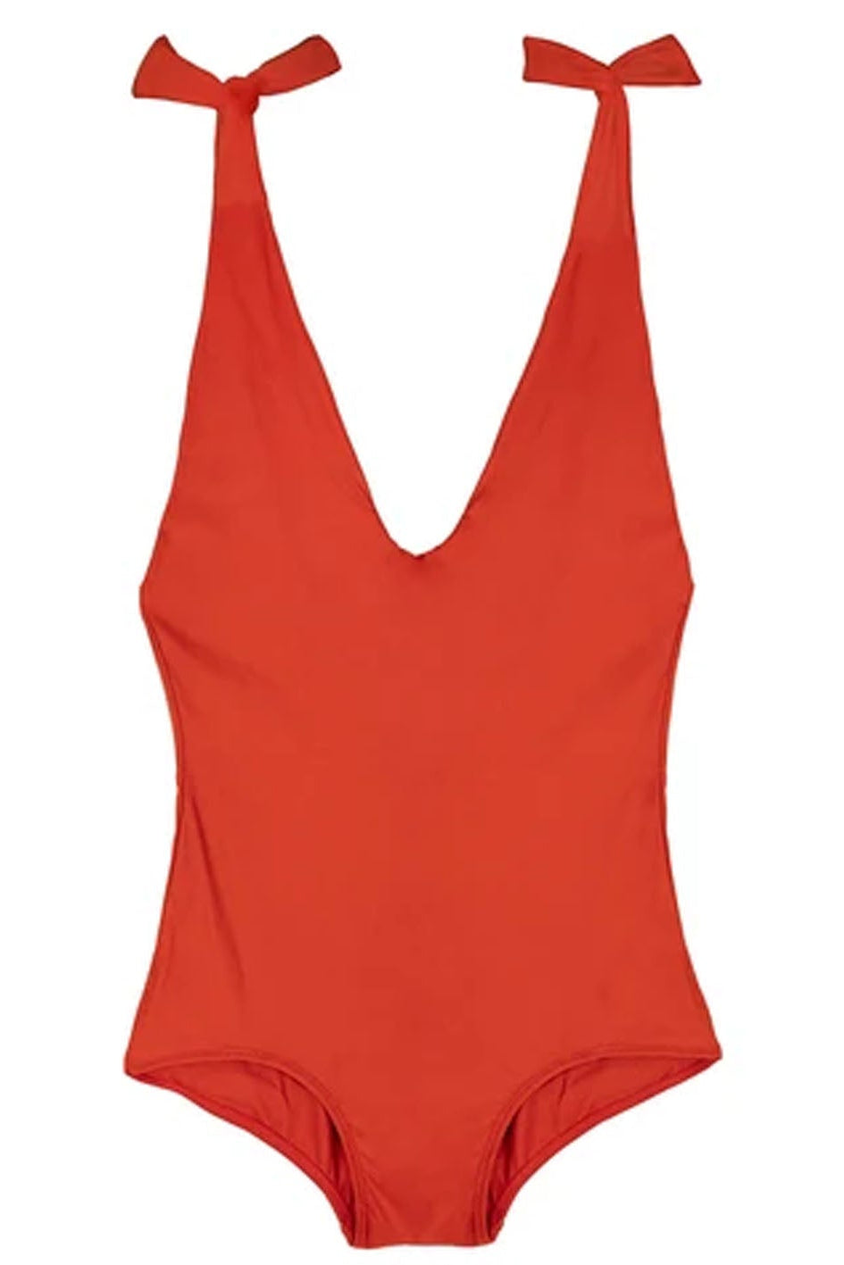 A bright red one-piece swimsuit with a deep V-neckline and tie-shoulder straps, shown flat against a solid white background.