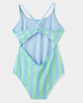 A one-piece swimsuit with a light blue base and vertical mint green stripes, featuring a large cutout at the center with thin crisscross straps at the top, shown against a light gray background.