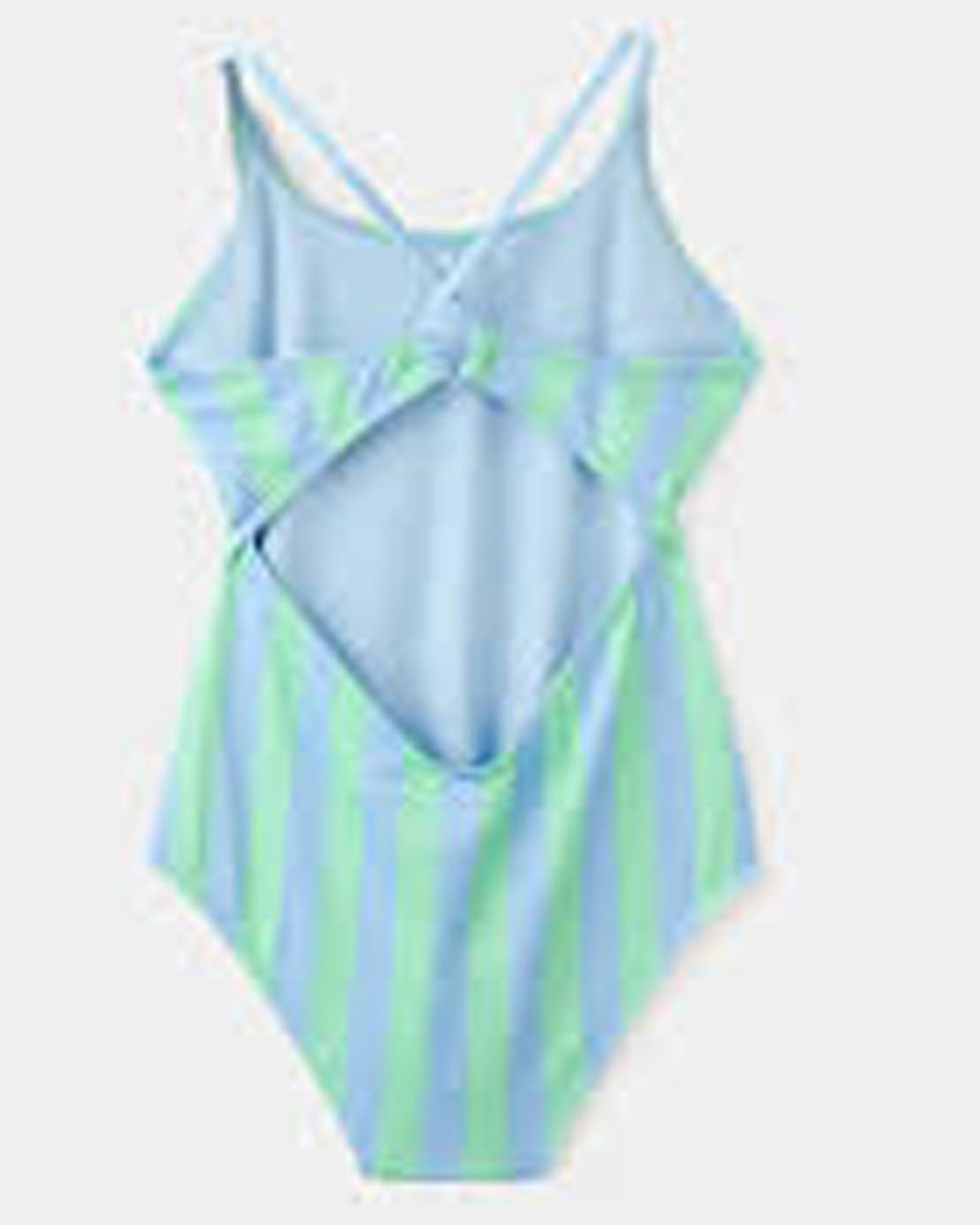 A one-piece swimsuit with a light blue base and vertical mint green stripes, featuring a large cutout at the center with thin crisscross straps at the top, shown against a light gray background.