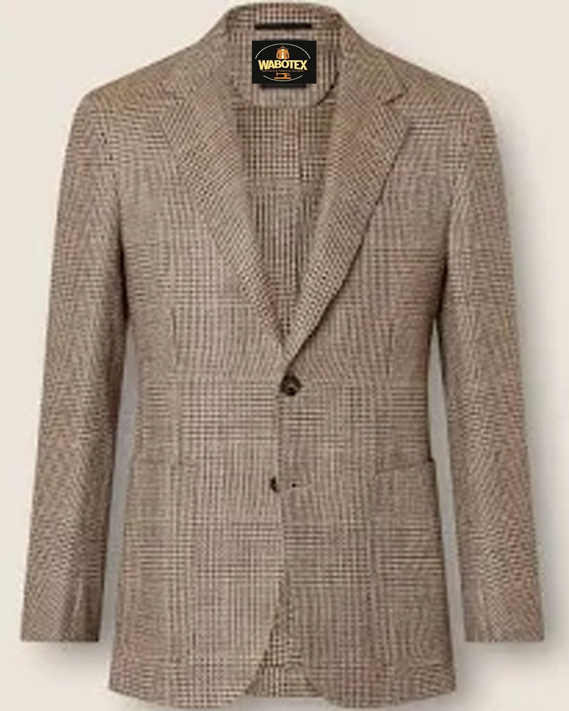 Plaid blazer with a visible brand label on a light background