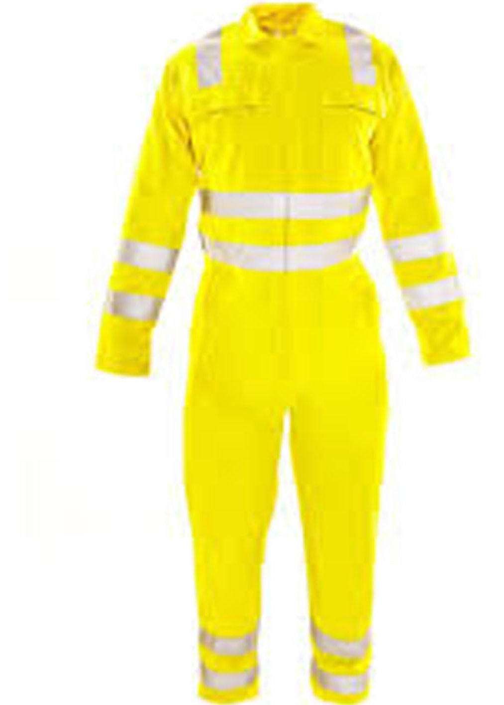 Yellow safety coverall with reflective stripes on a white background