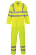 High-visibility yellow work jumpsuit with reflective stripes on a white background