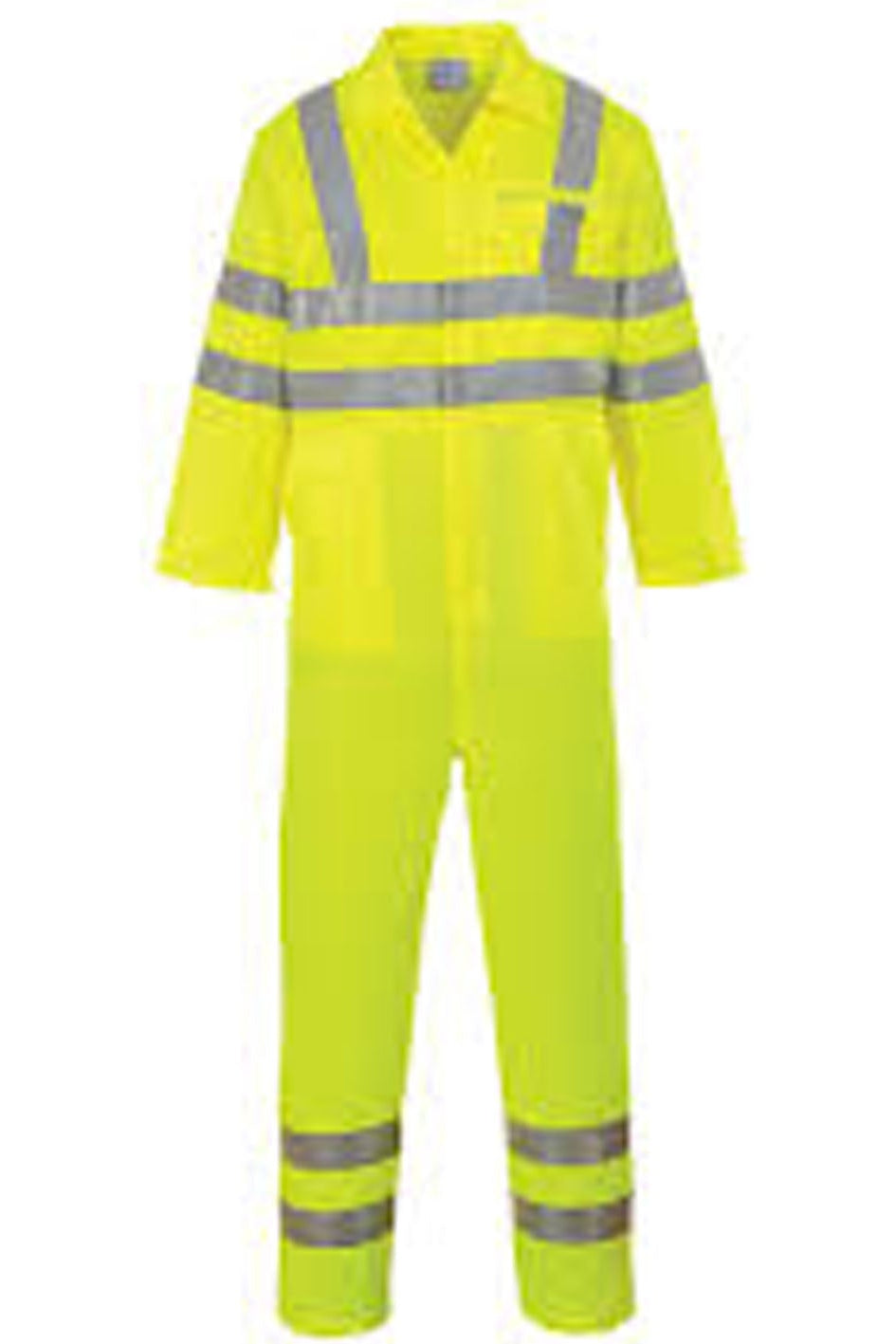 High-visibility yellow work jumpsuit with reflective stripes on a white background