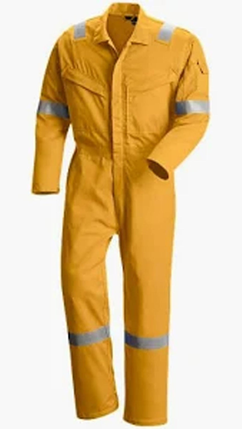 Yellow work coverall with reflective stripes on a white background