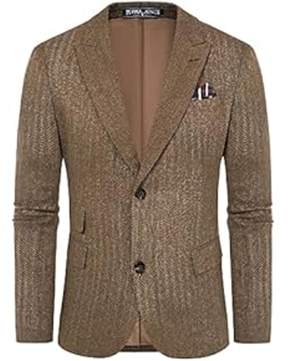 Brown blazer with a pocket square on a white background