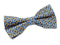 Blue and gold patterned bow tie on a white background