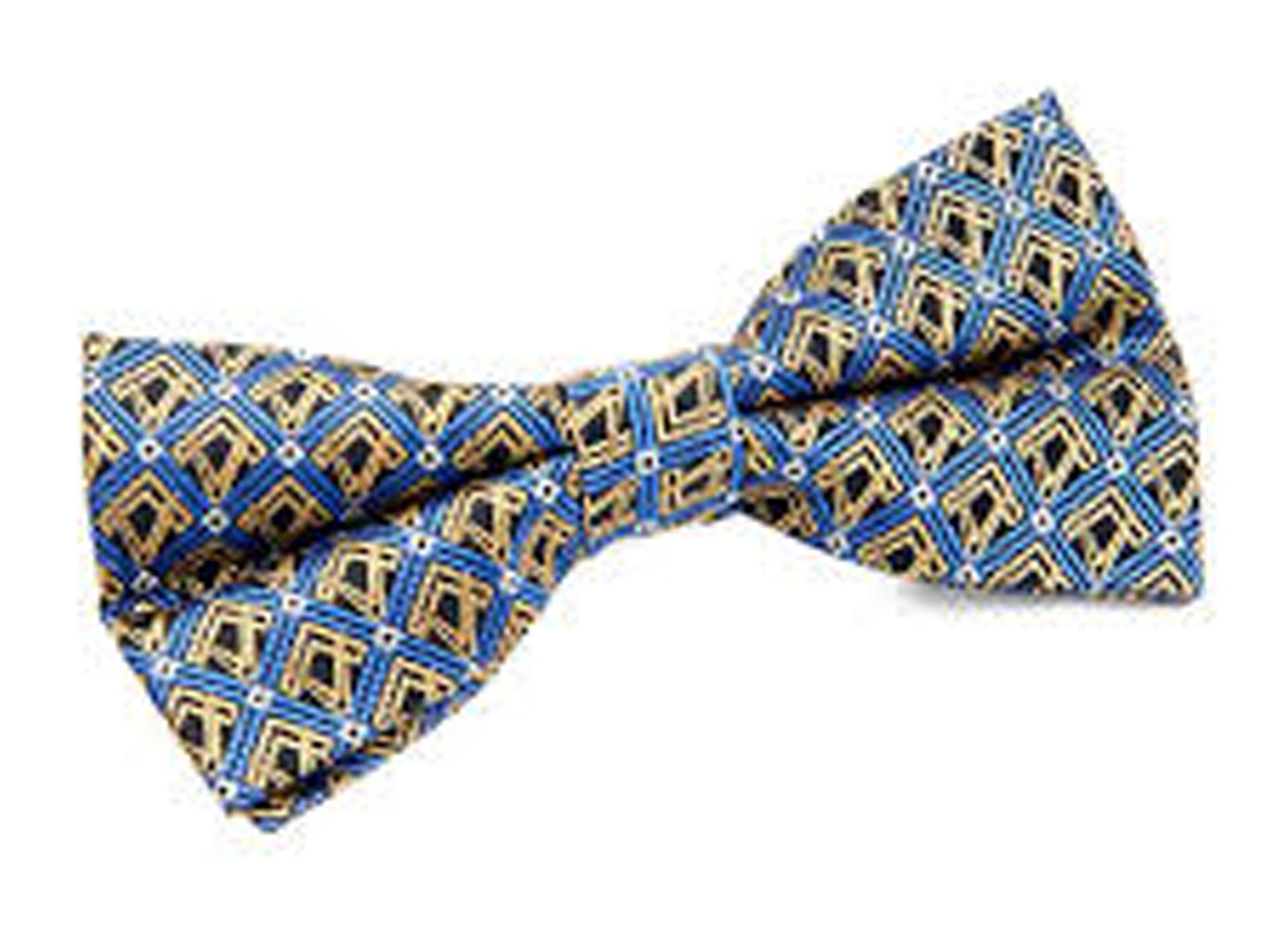 Blue and gold patterned bow tie on a white background